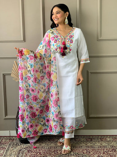 Attractive White Floral Embroidered Chanderi Traditional Pant Suit